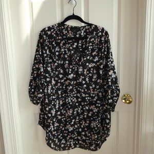 Black Floral Worthington Plus Womens Split Crew Neck 3/4 Sleeve Blouse